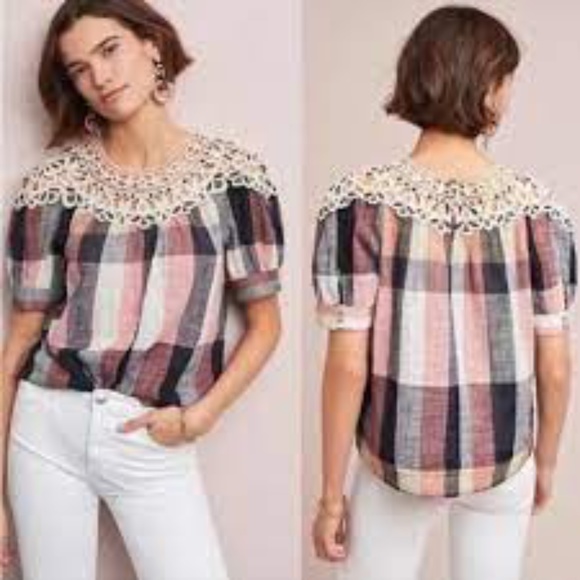 NWT ANTHROPOLOGIE PINK BLACK PLAID SWING TOP BLOUSE SMALL S - Picture 2 of 3